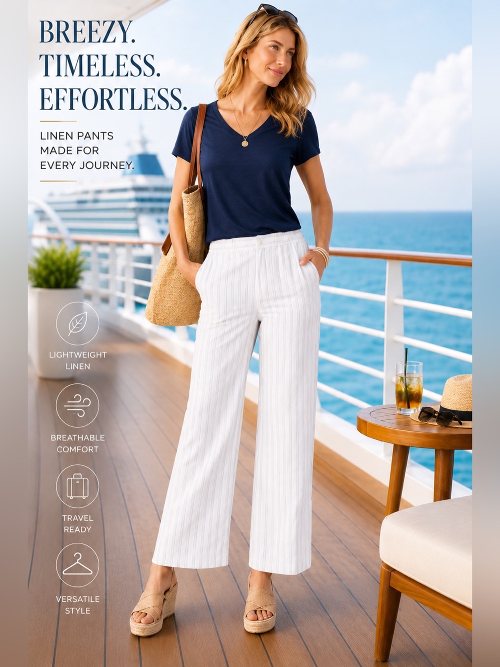 Coco & Carmen Women’s S/M Wide Leg Stripe Beach Casual Pants